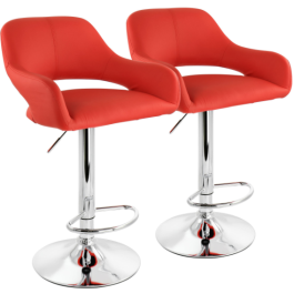 ELAMA 2 PIECE ADJUSTABLE FAUX LEATHER BAR STOOL IN RED WITH CHROME BASE